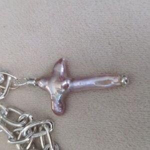Genuine pearl cross necklace. Lusterous Pink Pearl 20"+3" Silver chain. Gift Box